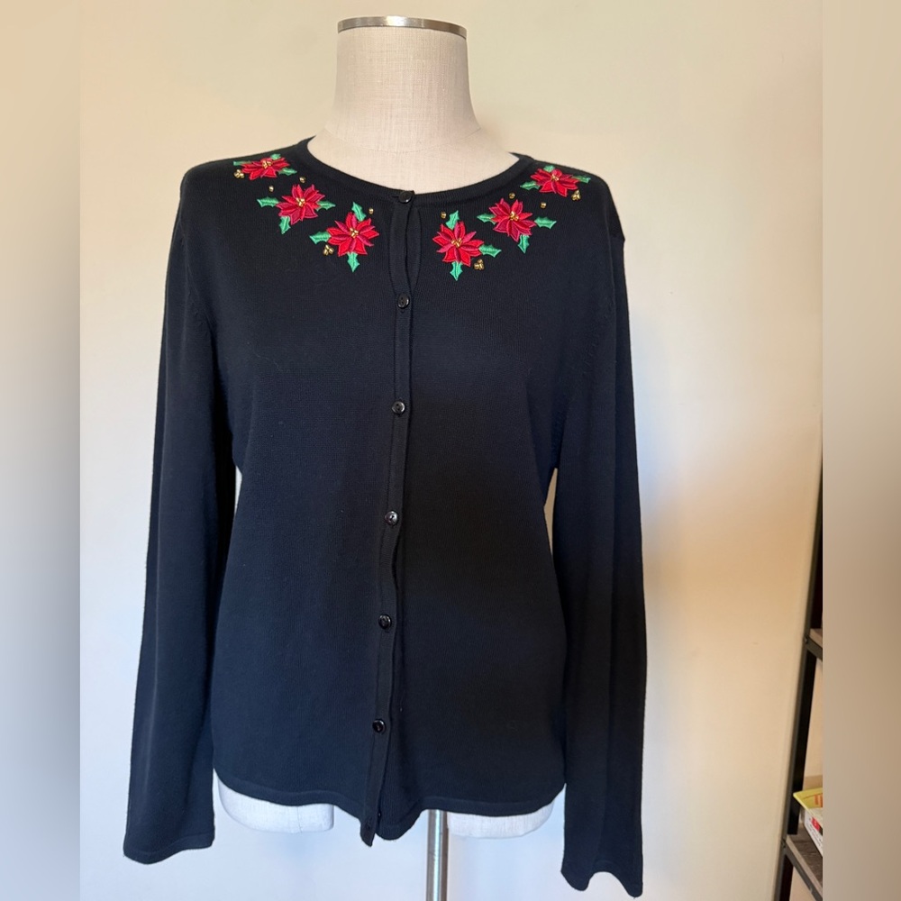 Black Sweater with Red Floral Embroidery